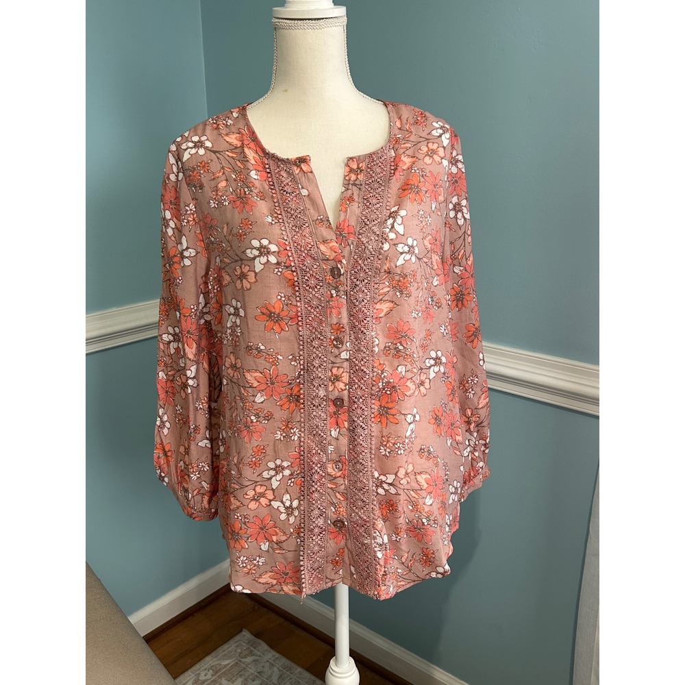 Como Vintage Floral Crochet Lace Trim Button Front Blouse Dusty Rose XL